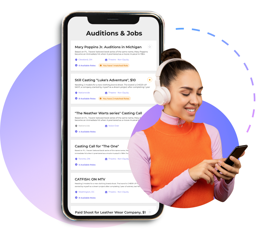 auditions & jobs webpage on mobile